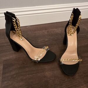 Nicole Miller Black Block-Heel Sandals with Gold Chain
